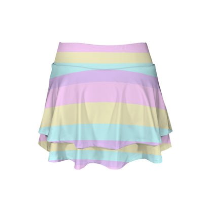 Pastel Stripes Color Block Activewear High Waist Layered Ruffled Sports Mini Skirt With Mesh Shorts & Pockets (Skort)