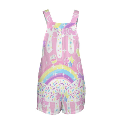Rainbow Sweets Adjustable Strap Romper Overall Shorts With Pockets (Pink Candy Sprinkles)