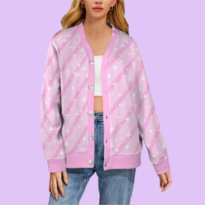 Bubblegum Bunny Pink Stripes Women's Ribbed Button Up Cardigan