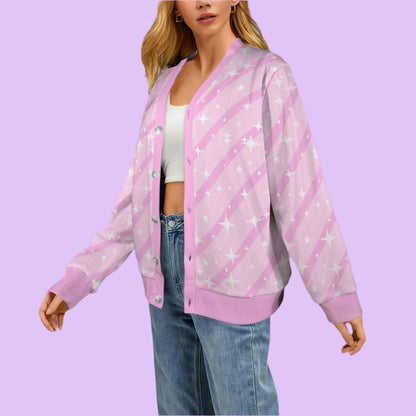 Bubblegum Bunny Pink Stripes Women's Ribbed Button Up Cardigan