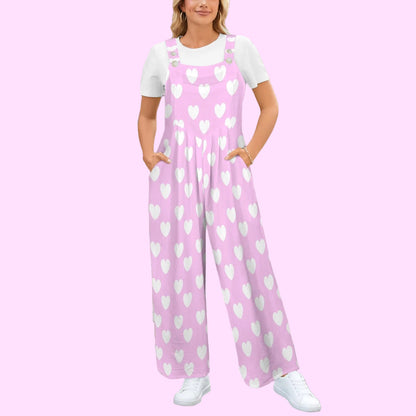 Sweet Love Hearts Adjustable Strap Wide Leg Jumpsuit Overalls With Pockets (White x Pink)