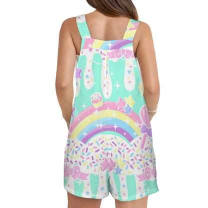 Rainbow Sweets Adjustable Strap Romper Overall Shorts With Pockets (Mint Candy Sprinkles)