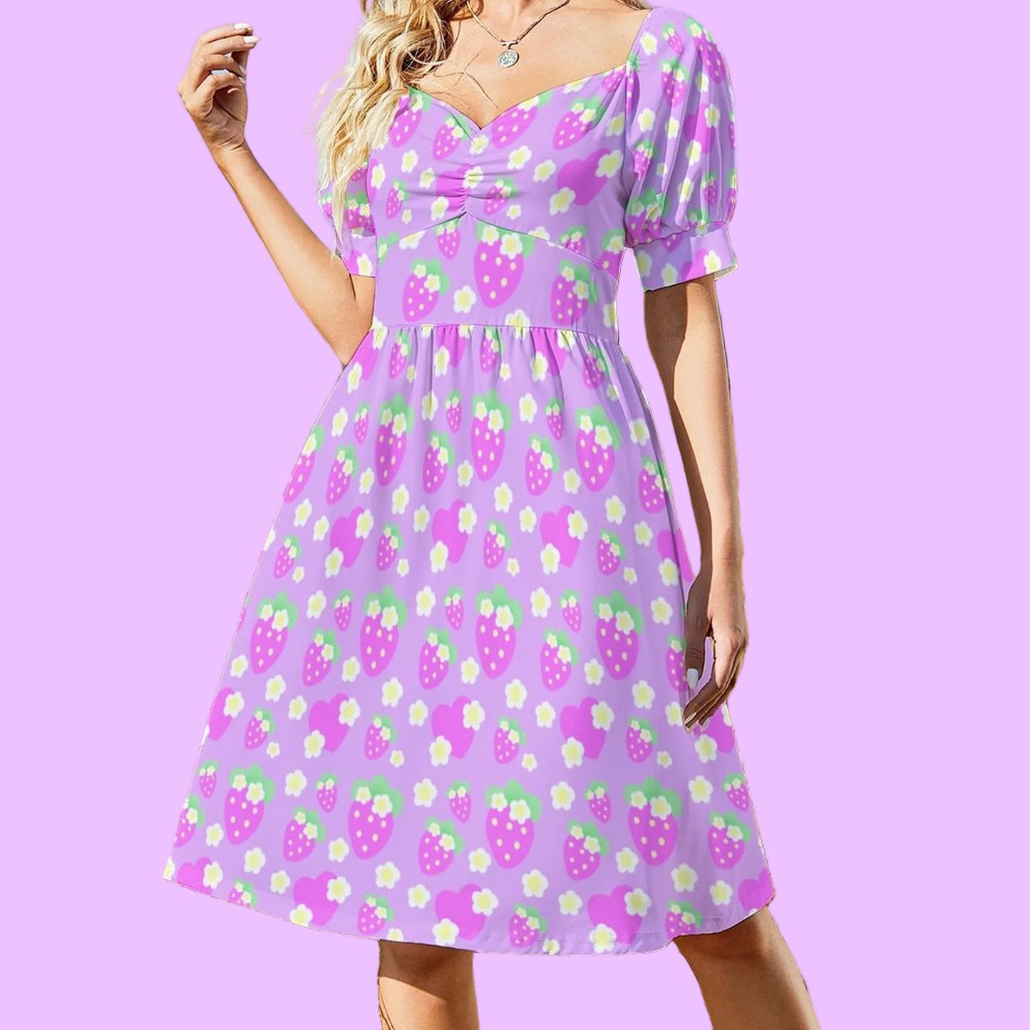 Strawberry Cutie Women's Sweetheart Neckline Puff Short Sleeve A-line Mini Dress (Fruity Berry Purple)