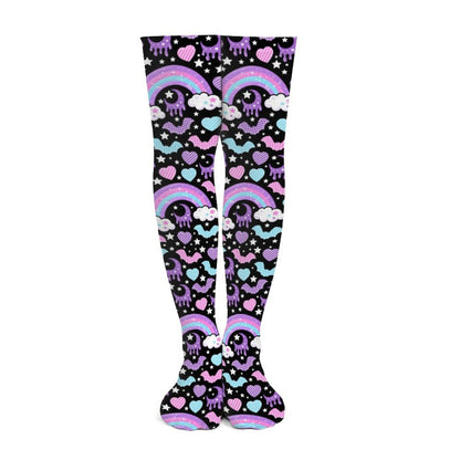 Rainbow Spooky Bats Over Knee Stocking Socks (Black)