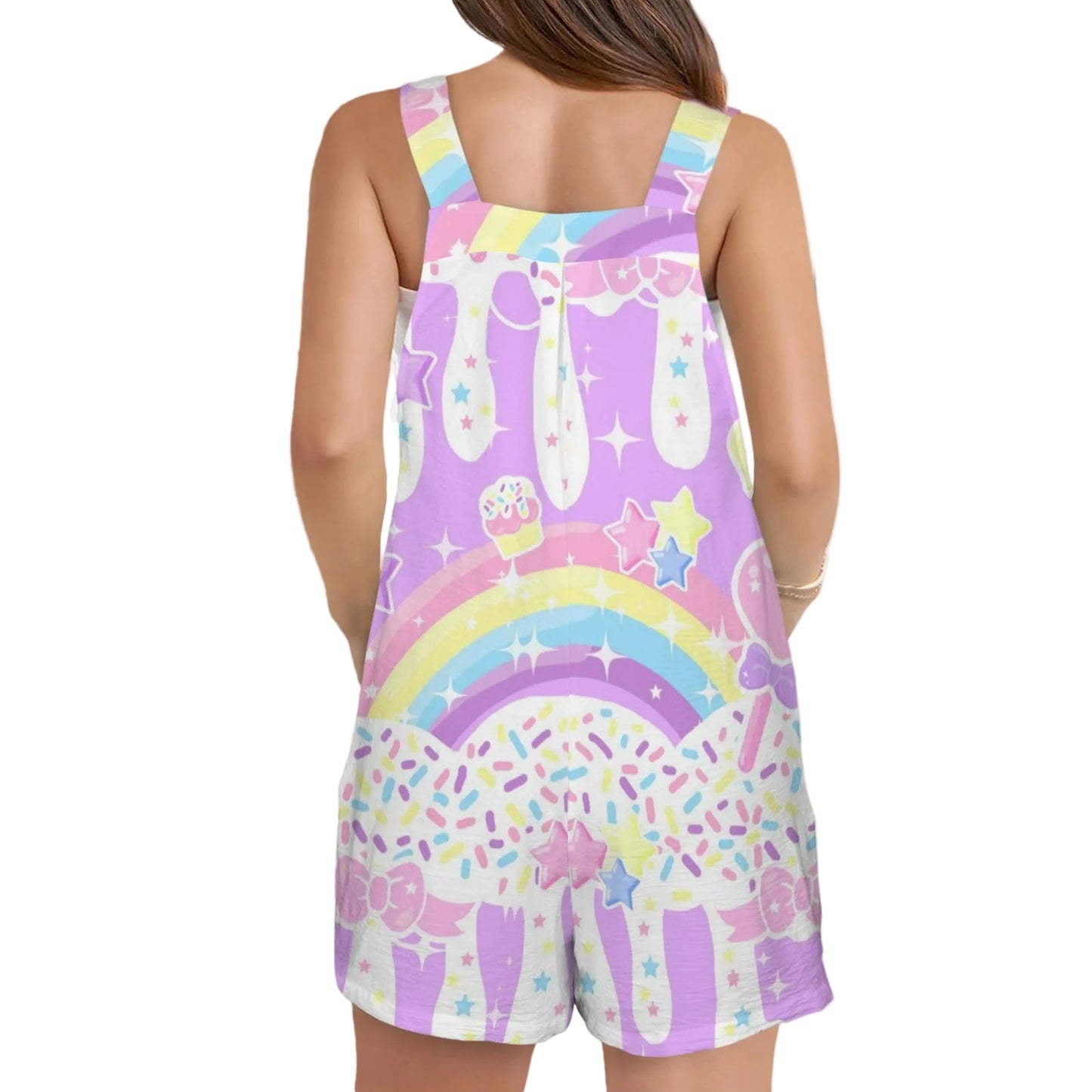 Rainbow Sweets Adjustable Strap Romper Overall Shorts With Pockets (Purple Candy Sprinkles)