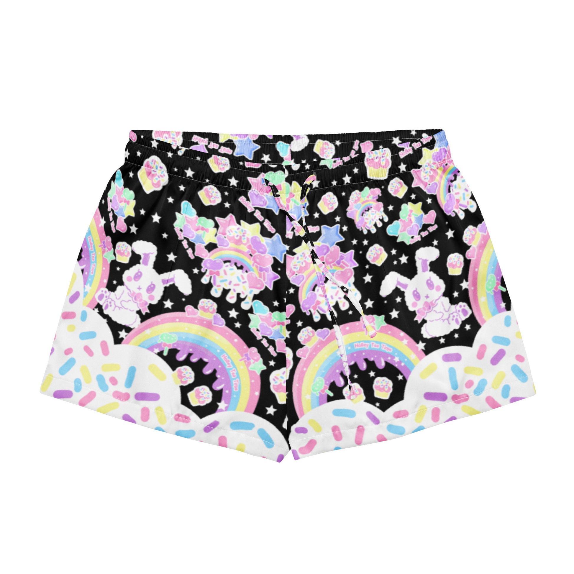 Kawaii fashion harajuku fashion jfashion Rainbow Sweets Women’s Silky Soft Loungewear Pajama Shorts satin sleepwear candy sprinkles bunny rainbow cute cutecore