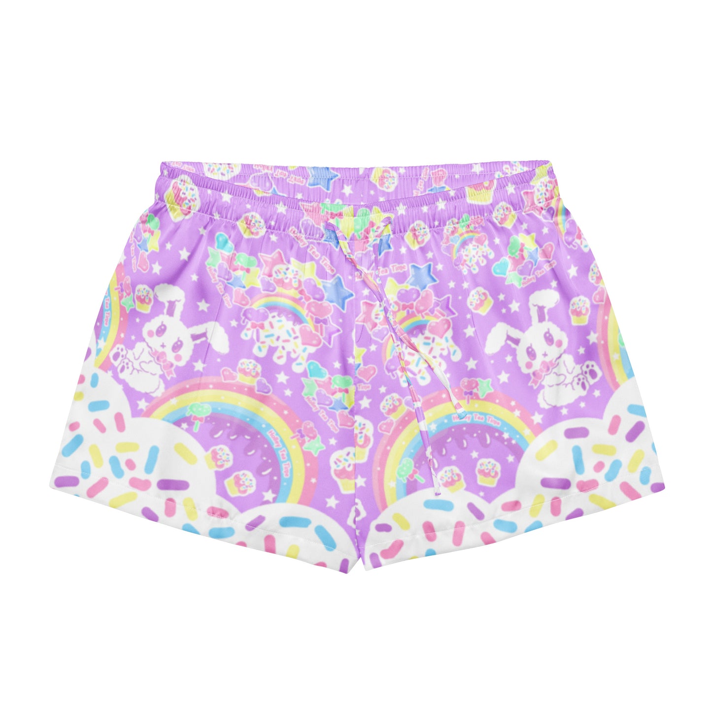 Kawaii fashion harajuku fashion jfashion Rainbow Sweets Women’s Silky Soft Loungewear Pajama Shorts satin sleepwear candy sprinkles bunny rainbow cute cutecore
