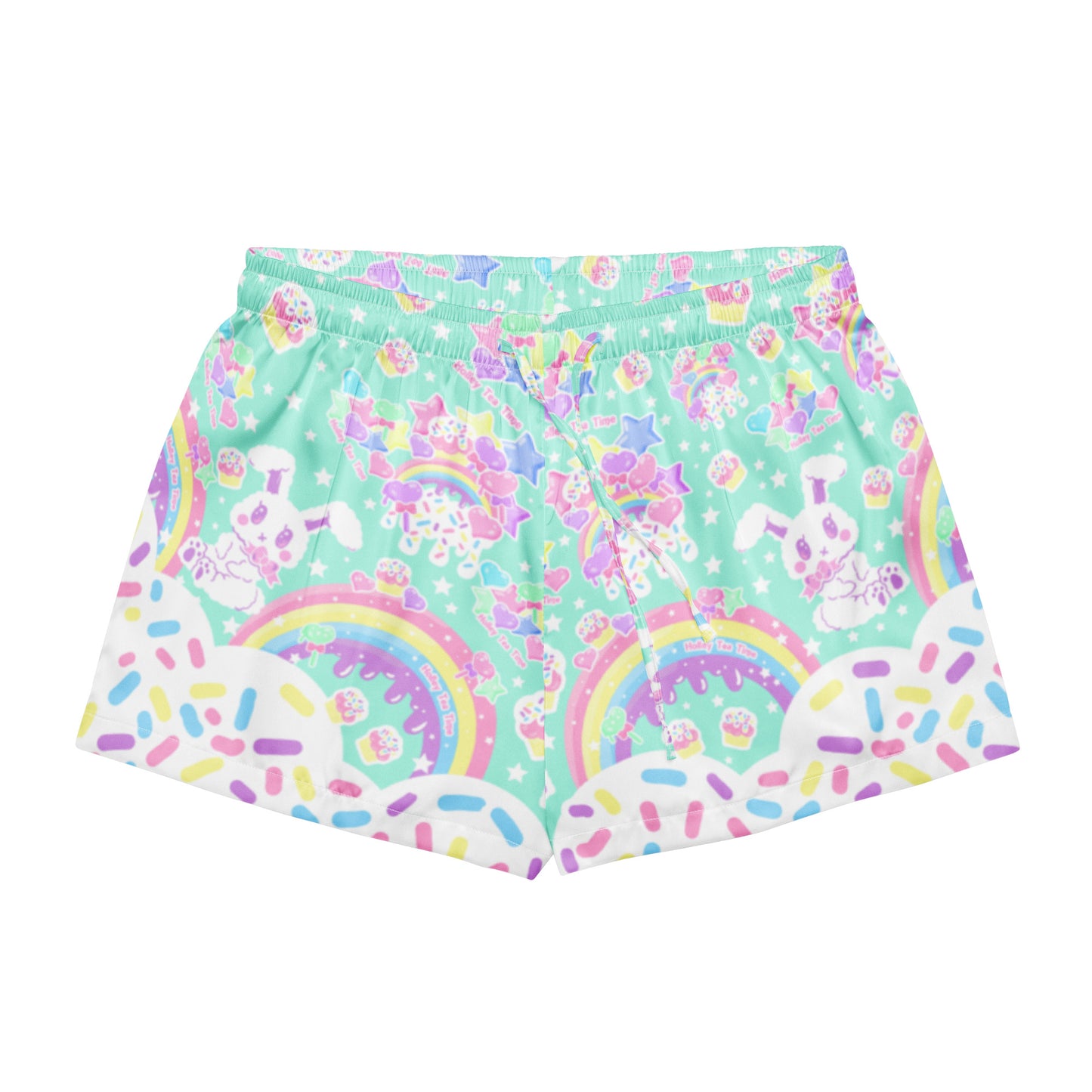 Kawaii fashion harajuku fashion jfashion Rainbow Sweets Women’s Silky Soft Loungewear Pajama Shorts satin sleepwear candy sprinkles bunny rainbow cute cutecore