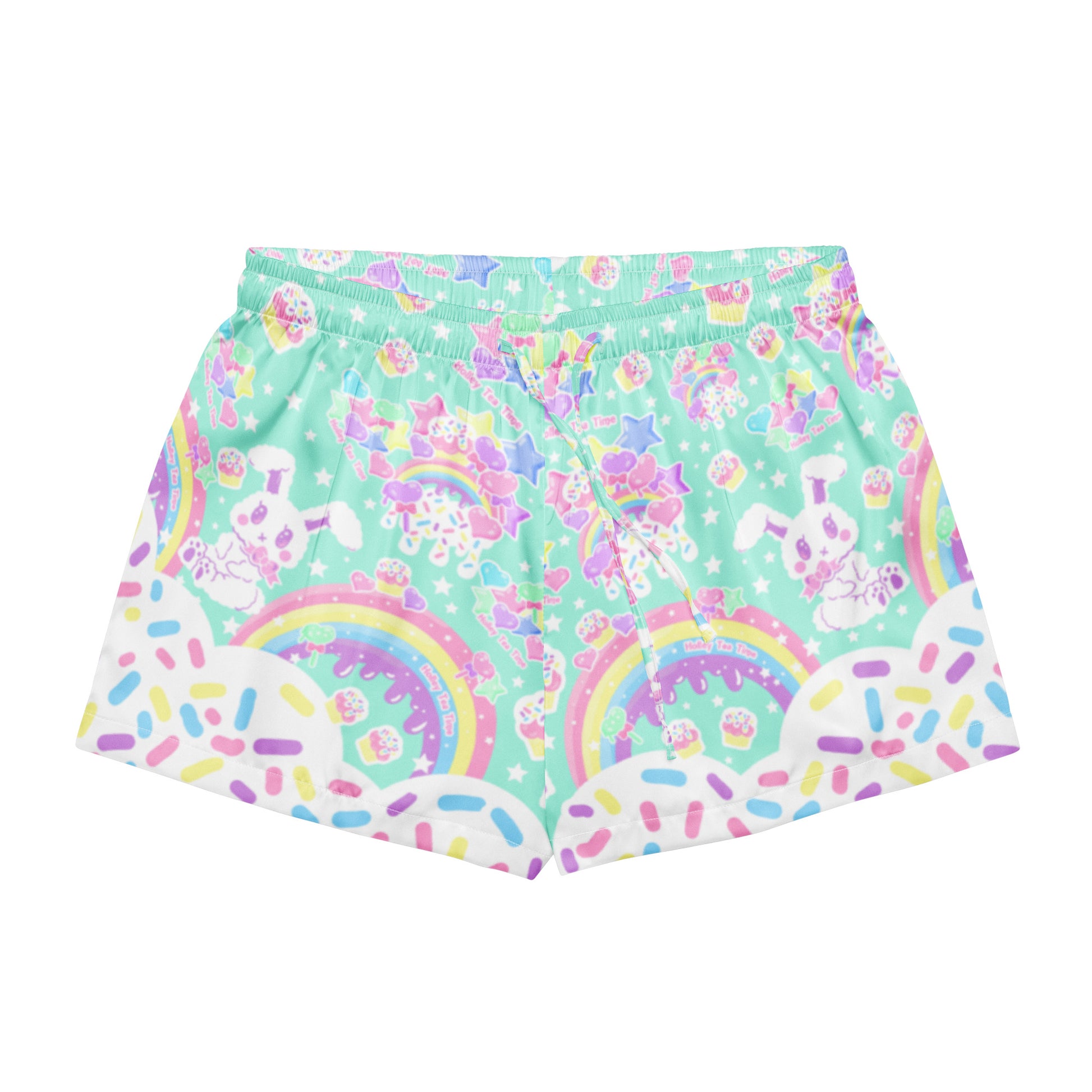 Kawaii fashion harajuku fashion jfashion Rainbow Sweets Women’s Silky Soft Loungewear Pajama Shorts satin sleepwear candy sprinkles bunny rainbow cute cutecore