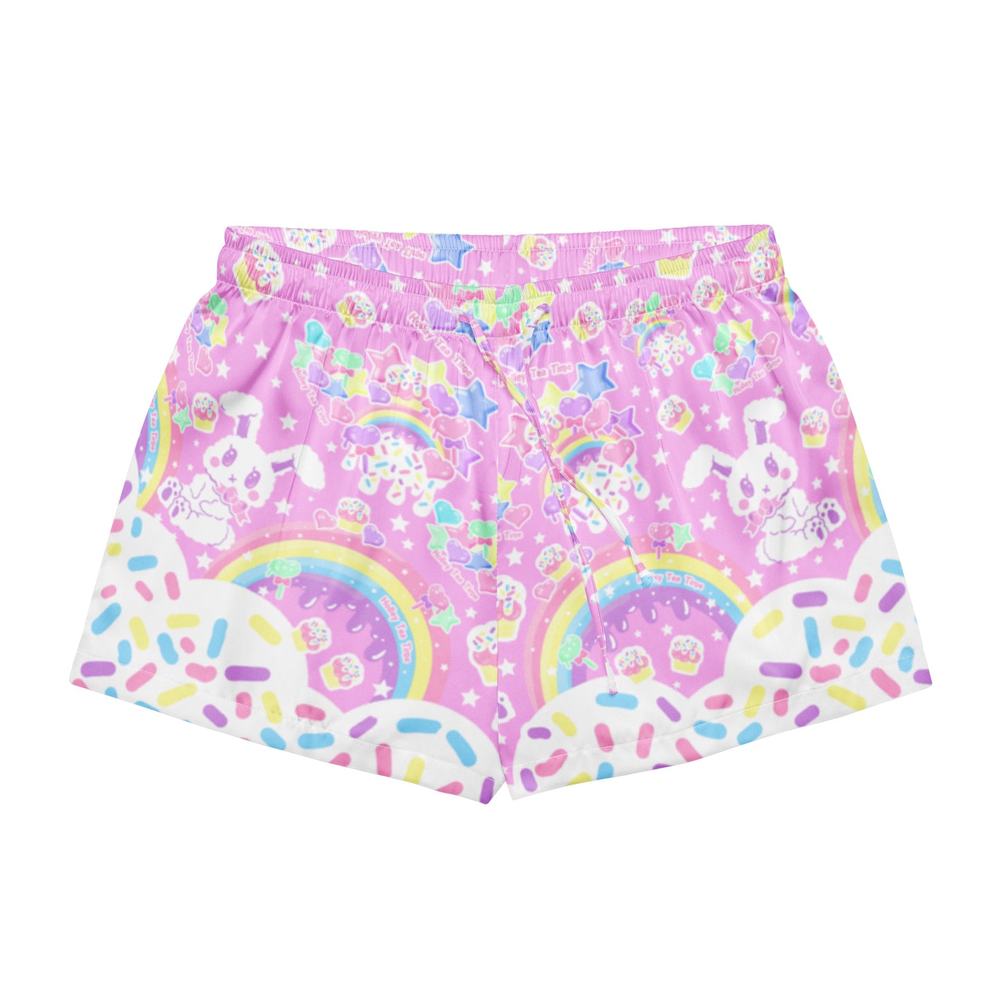 Kawaii fashion harajuku fashion jfashion Rainbow Sweets Women’s Silky Soft Loungewear Pajama Shorts satin sleepwear candy sprinkles bunny rainbow cute cutecore