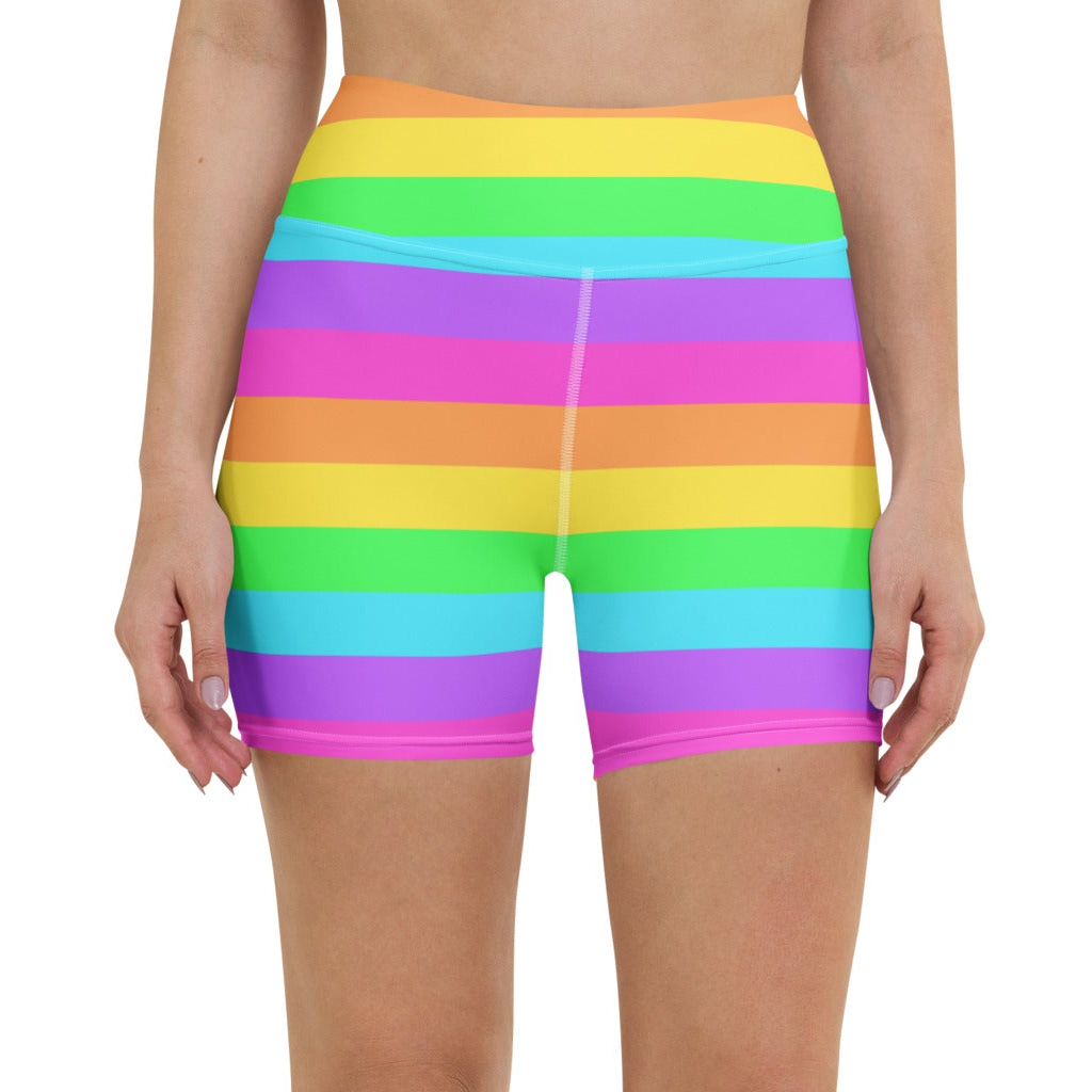 Rainbow Wonderland Yoga Shorts (Color Block Stripes)