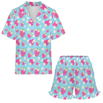 Strawberry Cutie Women's Top & Bottom Pajama Loungewear Set Short Sleeve Button Top Frilly Ruffled Shorts With Pockets (Fruity Berry Blue)