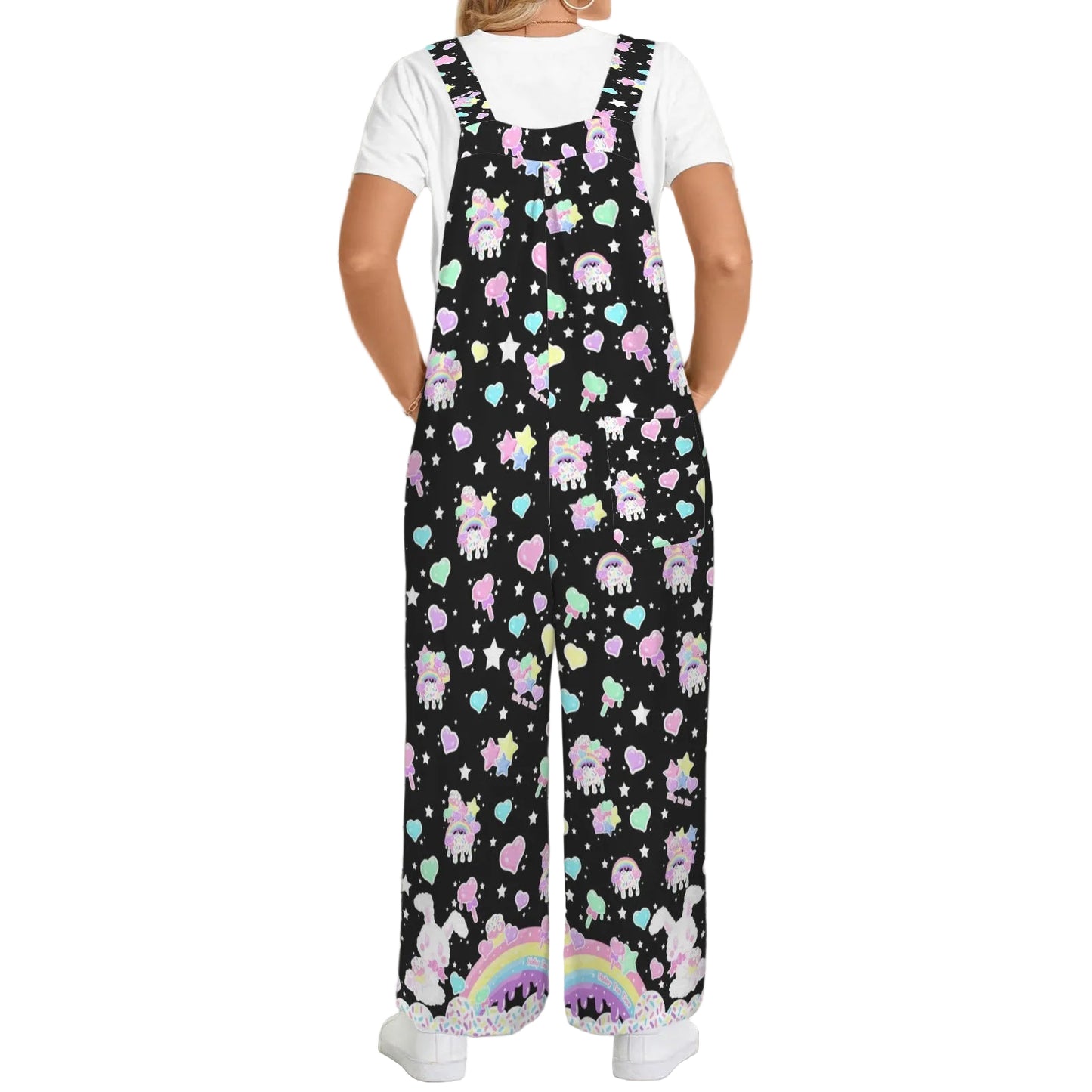 Rainbow Sweets Adjustable Strap Wide Leg Jumpsuit Overalls With Pockets (Black)