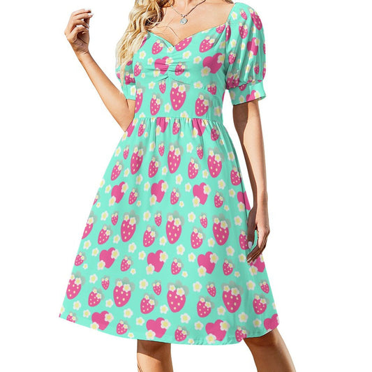 Strawberry Cutie Women's Sweetheart Neckline Puff Short Sleeve A-line Mini Dress (Fruity Berry Mint)