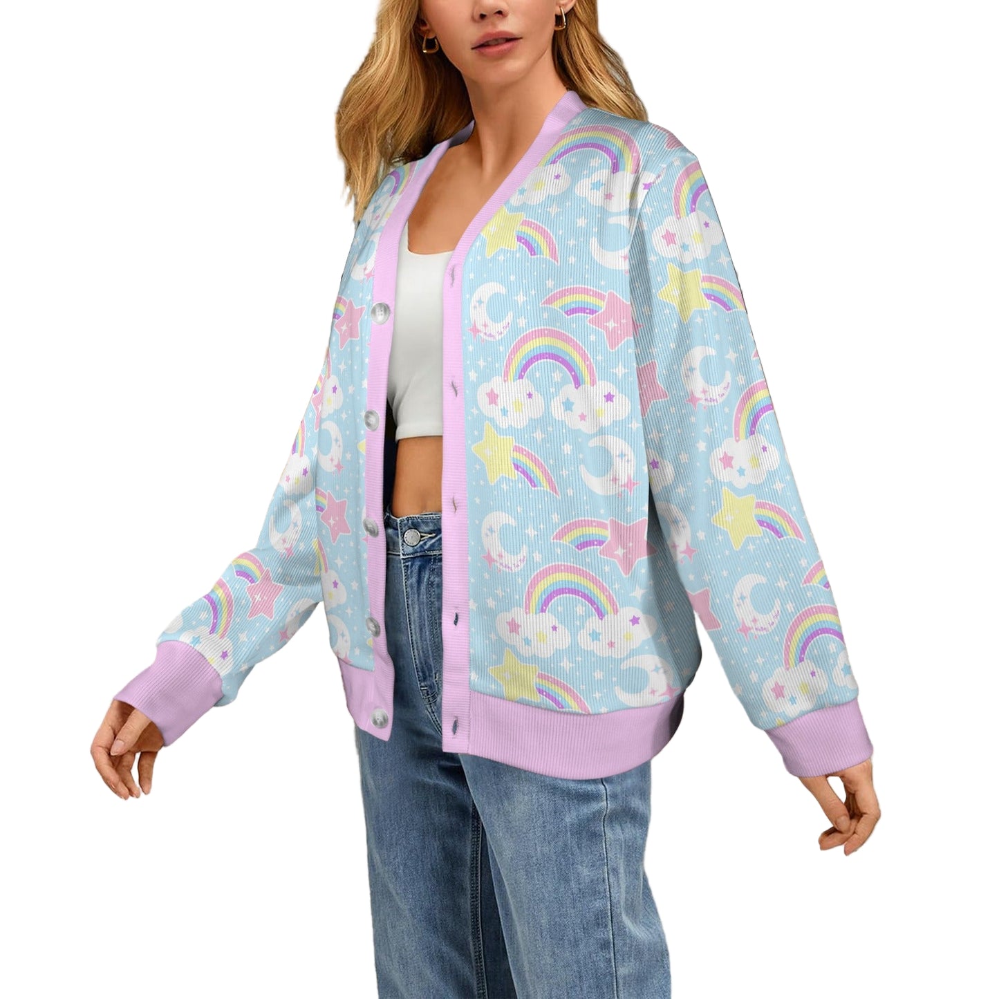 Dreamy Rainbow Women's Ribbed Button Up Cardigan (Blue)