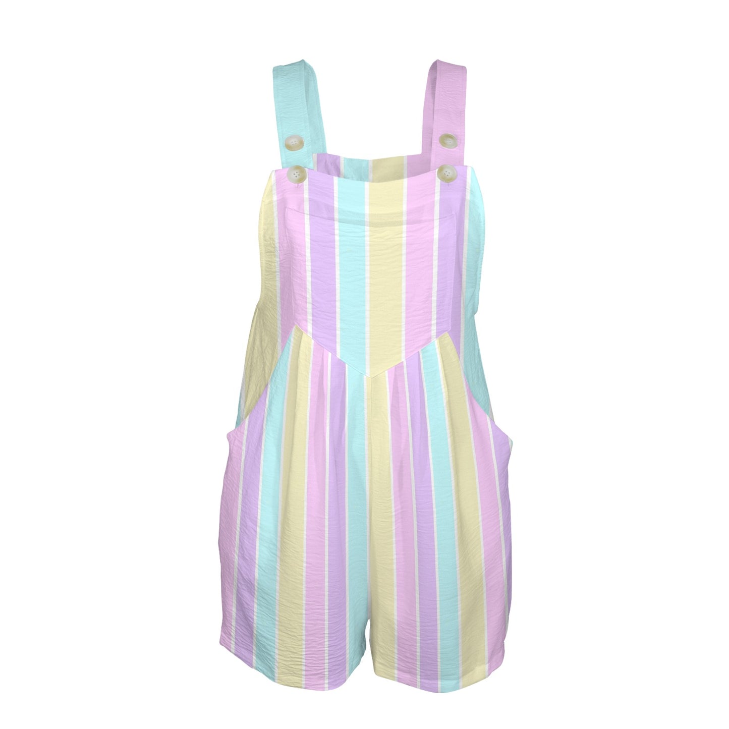 Pastel Stripes Adjustable Strap Romper Overall Shorts With Pockets