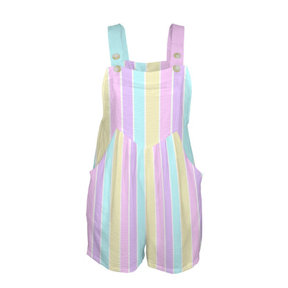 Pastel Stripes Adjustable Strap Romper Overall Shorts With Pockets