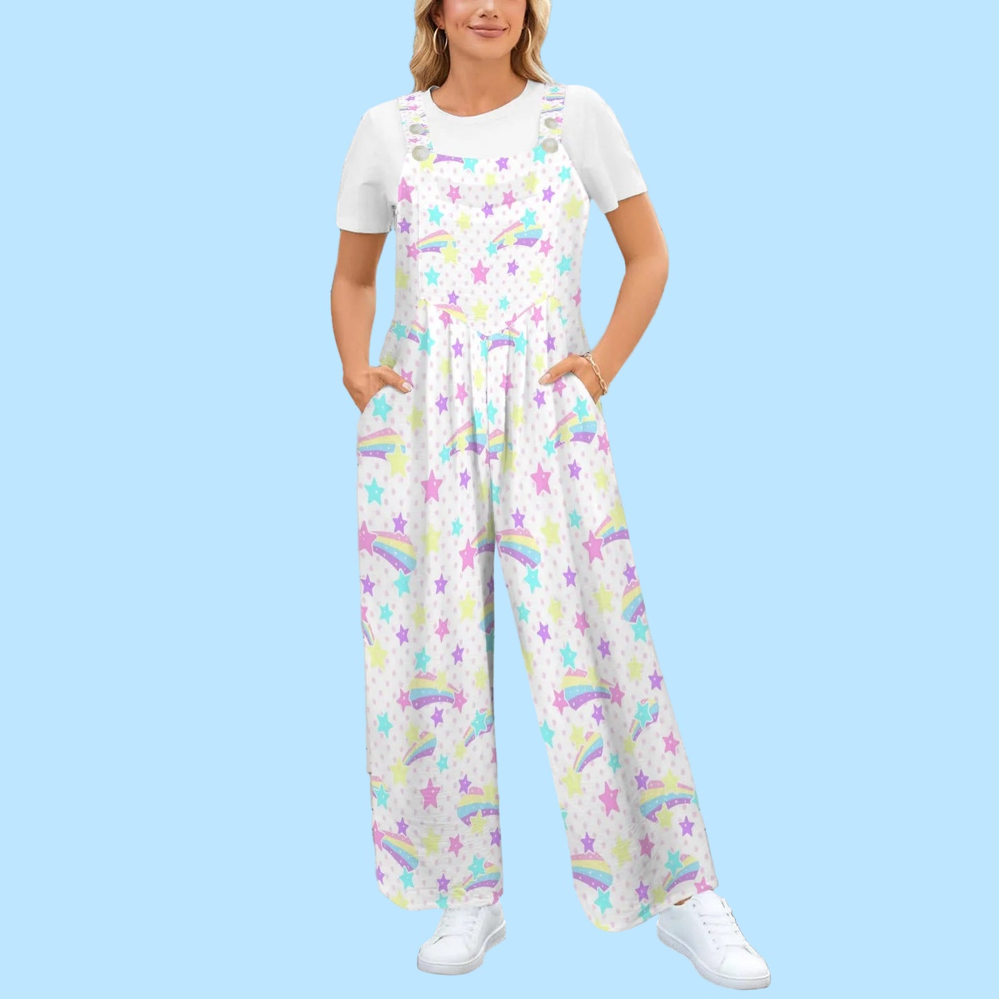 Starry Party White Adjustable Strap Wide Leg Jumpsuit Overalls With Pockets