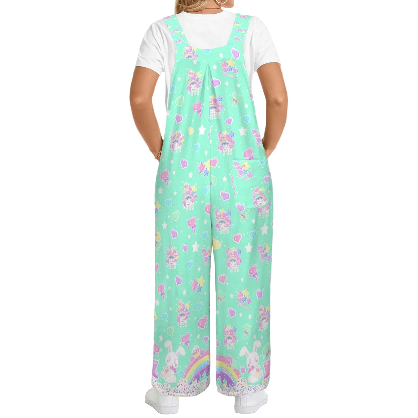 Rainbow Sweets Adjustable Strap Wide Leg Jumpsuit Overalls With Pockets (Mint)