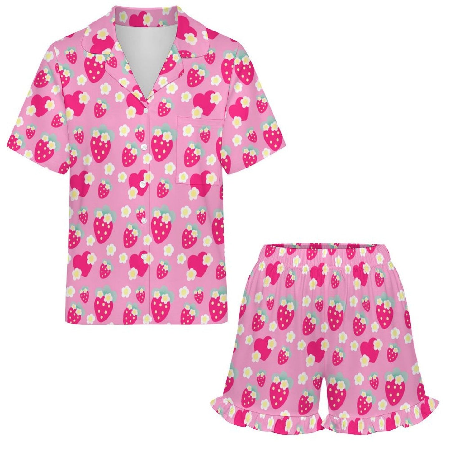 Strawberry Cutie Women's Top & Bottom Pajama Loungewear Set Short Sleeve Button Top Frilly Ruffled Shorts With Pockets (Soda Pop Fruity Berry Pink)