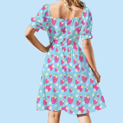 Strawberry Cutie Women's Sweetheart Neckline Puff Short Sleeve A-line Mini Dress (Fruity Berry Blue)