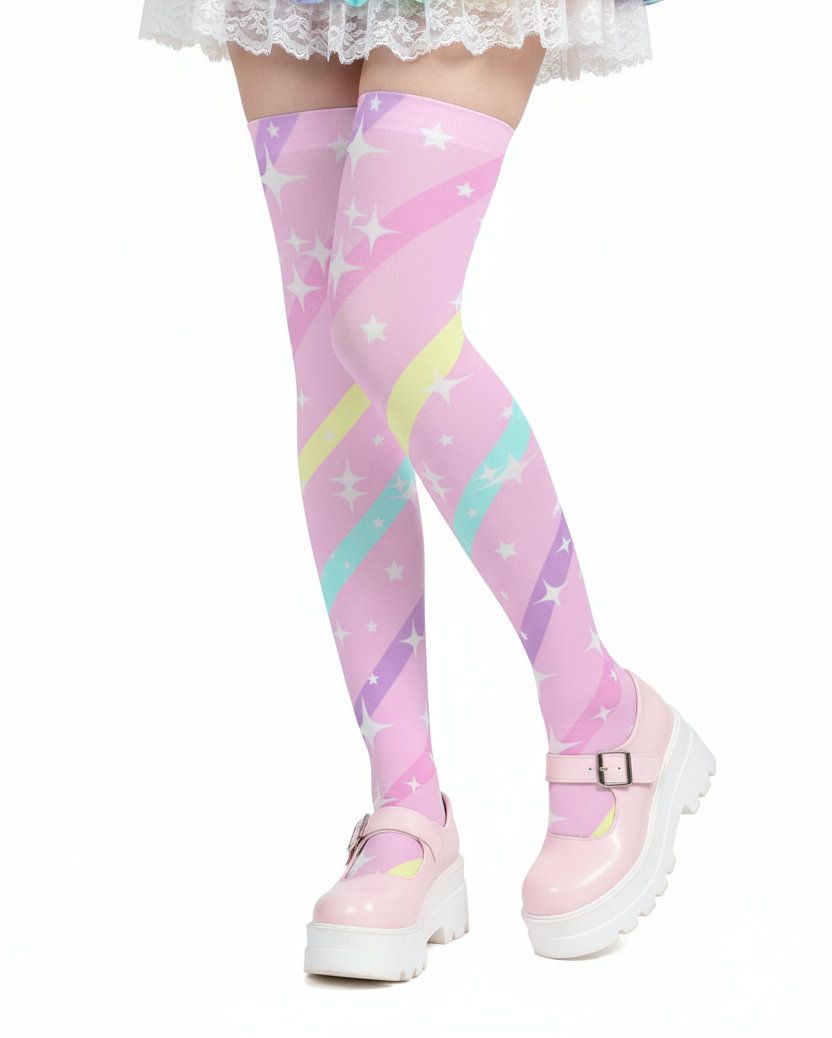 Fairy kei Yumekawaii Kawaii fashion pastel rainbow stripes harajuku fashion jfashion pop kei magical girl mahou shoujo over the knee stocking socks decora kei cutecore pink