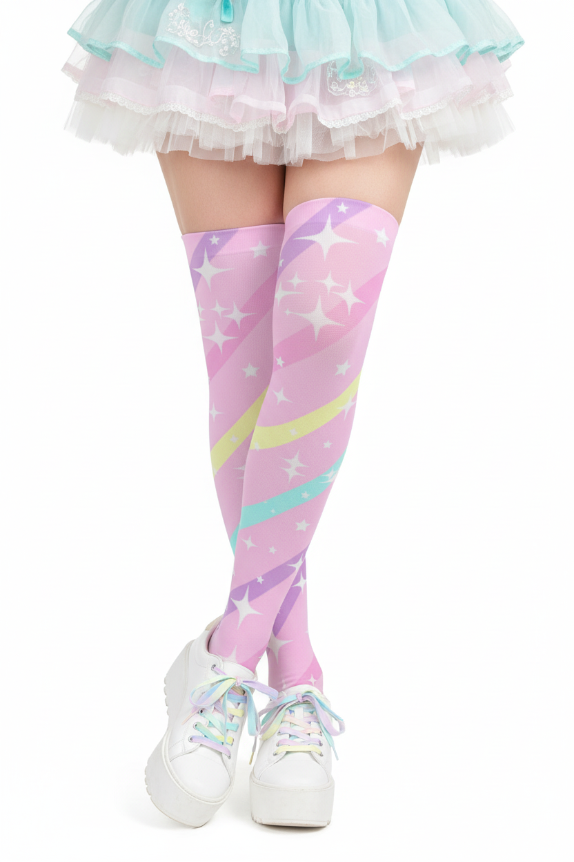 Fairy kei Yumekawaii Kawaii fashion pastel rainbow stripes harajuku fashion jfashion pop kei magical girl mahou shoujo over the knee stocking socks decora kei cutecore pink