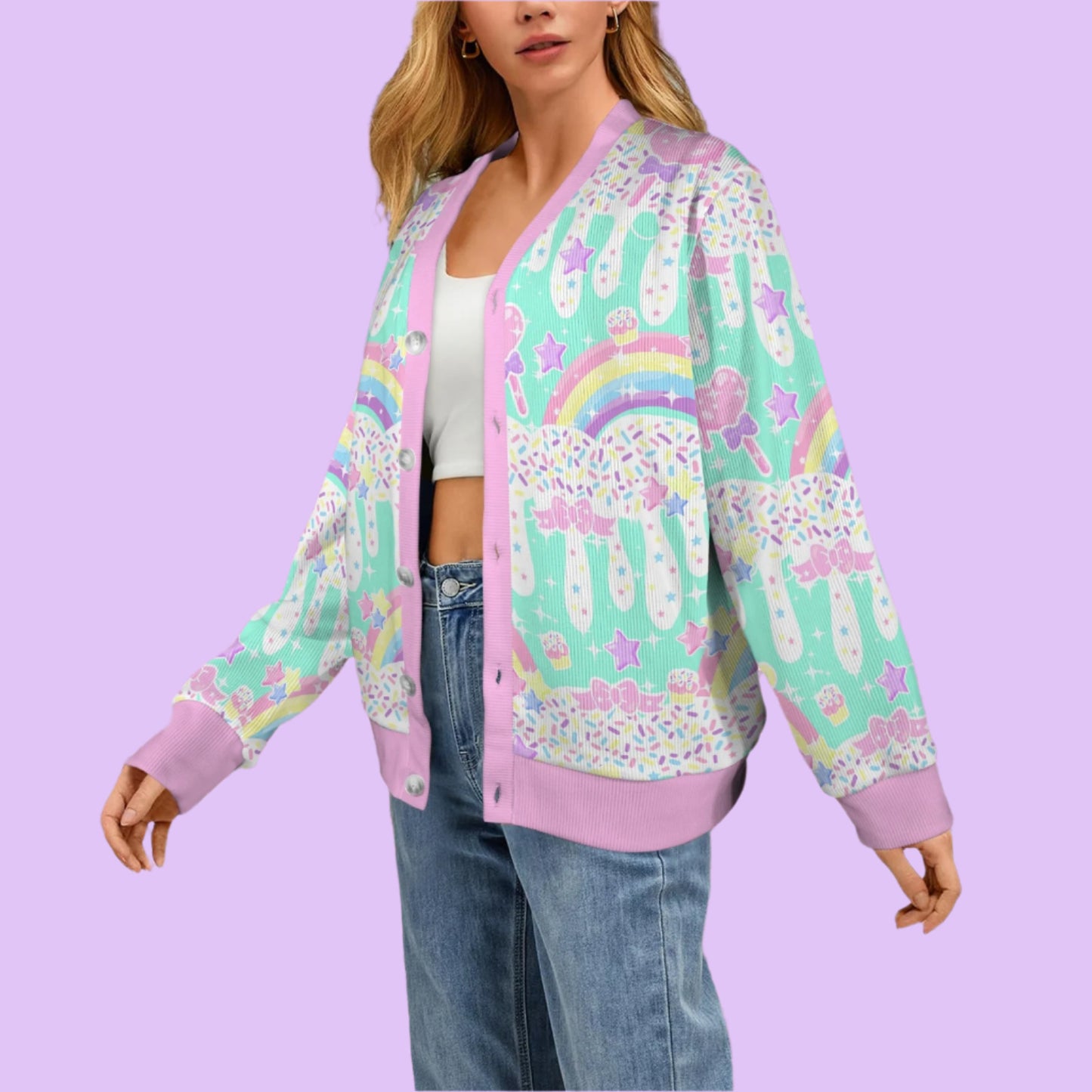 Rainbow Sweets Mint Women's Ribbed Button Up Cardigan