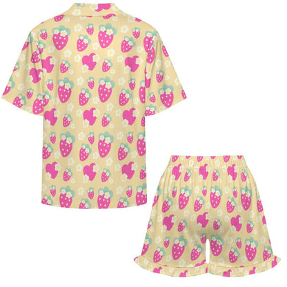 Strawberry Cutie Women's Top & Bottom Pajama Loungewear Set Short Sleeve Button Top Frilly Ruffled Shorts With Pockets (Fruity Berry Yellow)