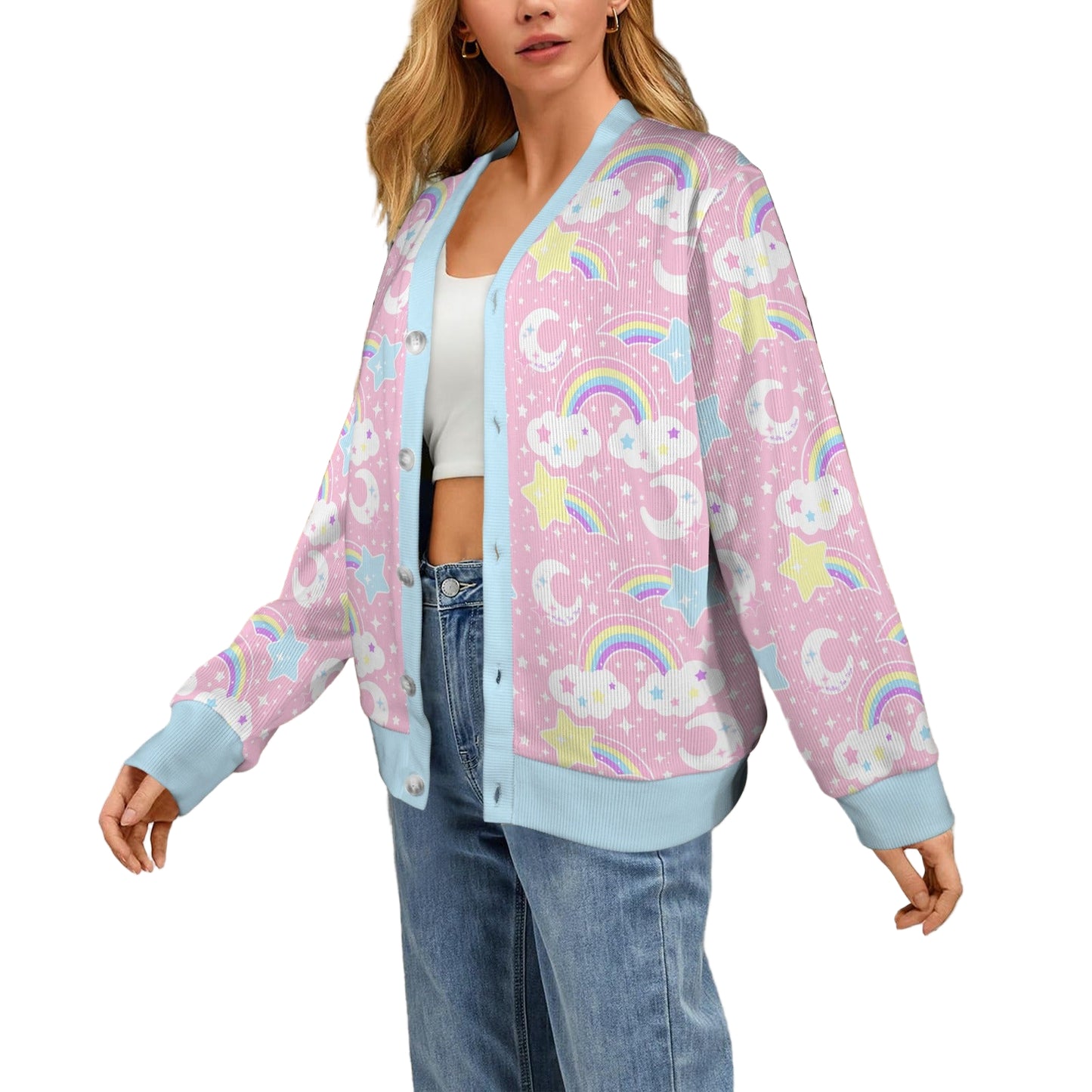 Dreamy Rainbow Women's Ribbed Button Up Cardigan (Pink)