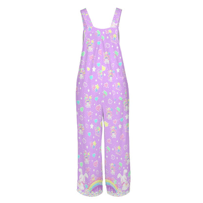Rainbow Sweets Adjustable Strap Wide Leg Jumpsuit Overalls With Pockets (Purple)
