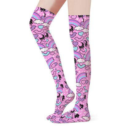 Rainbow Spooky Bats Over Knee Stocking Socks (Pink)