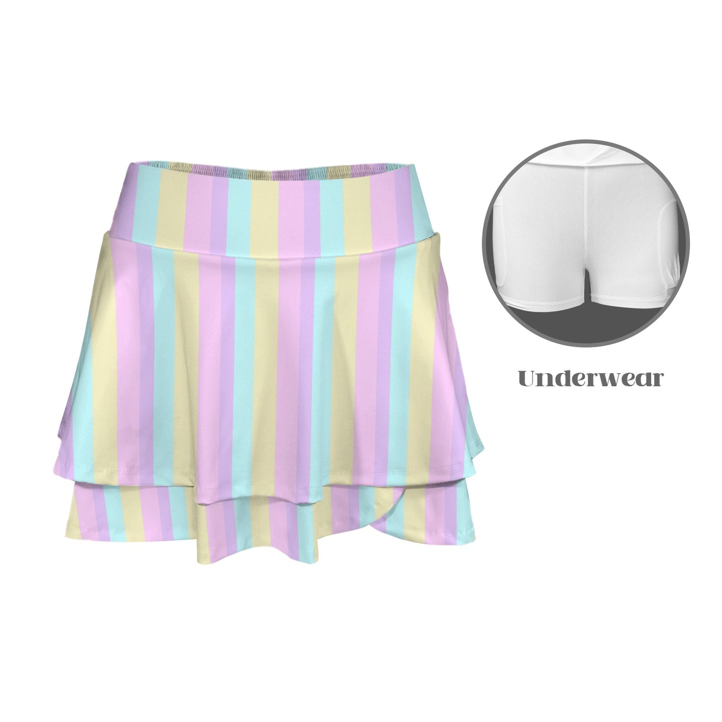 Pastel Stripes Color Block Activewear High Waist Layered Ruffled Sports Mini Skirt With Mesh Shorts & Pockets (Skort)