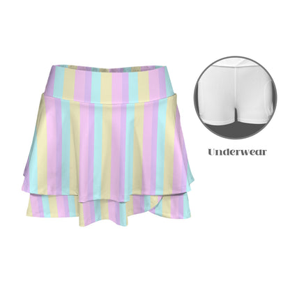 Pastel Stripes Color Block Activewear High Waist Layered Ruffled Sports Mini Skirt With Mesh Shorts & Pockets (Skort)