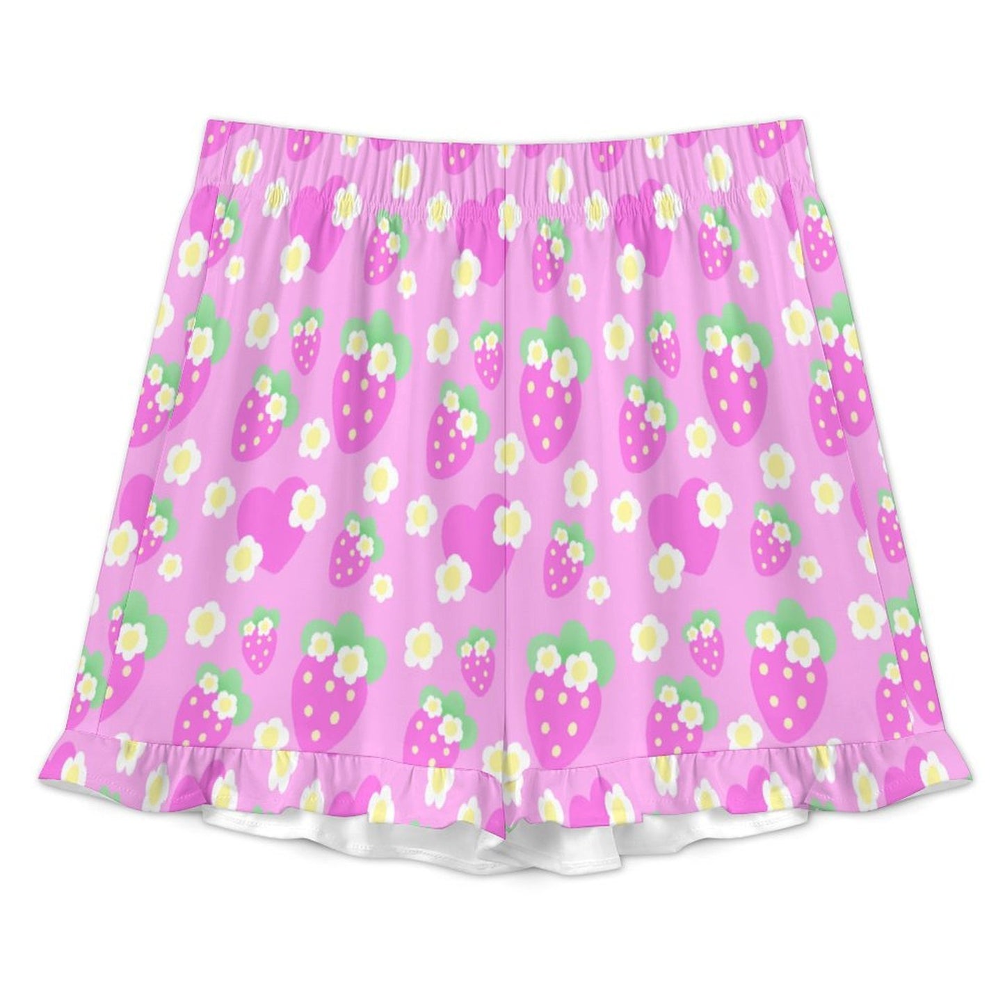 Strawberry Cutie Women's Top & Bottom Pajama Loungewear Set Short Sleeve Button Top Frilly Ruffled Shorts With Pockets (Fruity Berry Pink)