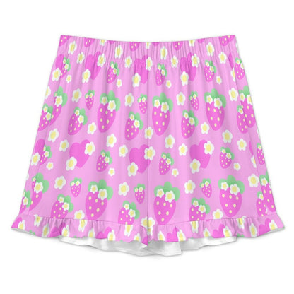 Strawberry Cutie Women's Top & Bottom Pajama Loungewear Set Short Sleeve Button Top Frilly Ruffled Shorts With Pockets (Fruity Berry Pink)