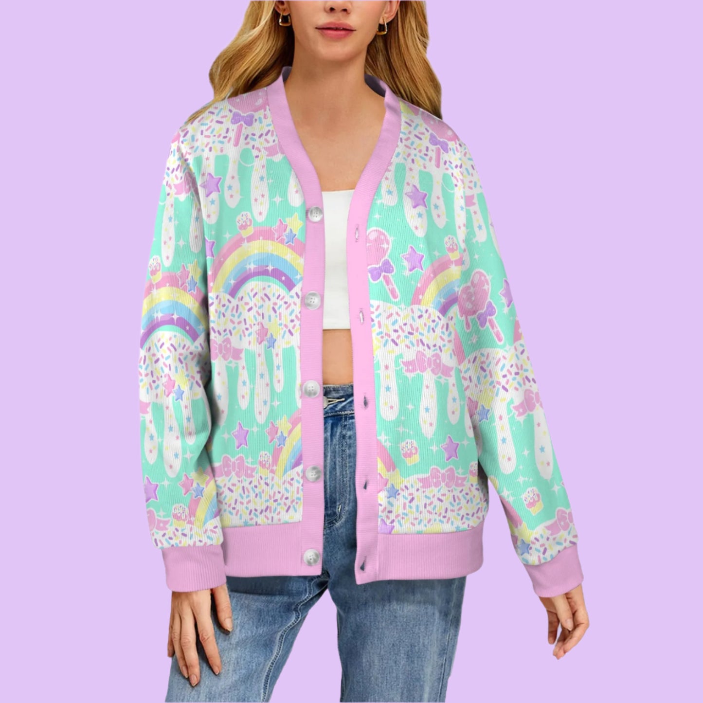 Rainbow Sweets Mint Women's Ribbed Button Up Cardigan