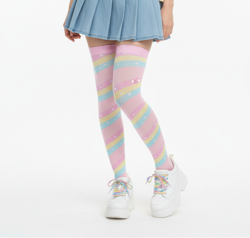 Fairy kei Yumekawaii Kawaii fashion pastel rainbow stripes harajuku fashion jfashion pop kei magical girl mahou shoujo over the knee stocking socks pink
