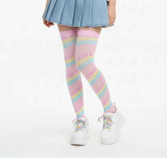 Fairy kei Yumekawaii Kawaii fashion pastel rainbow stripes harajuku fashion jfashion pop kei magical girl mahou shoujo over the knee stocking socks pink