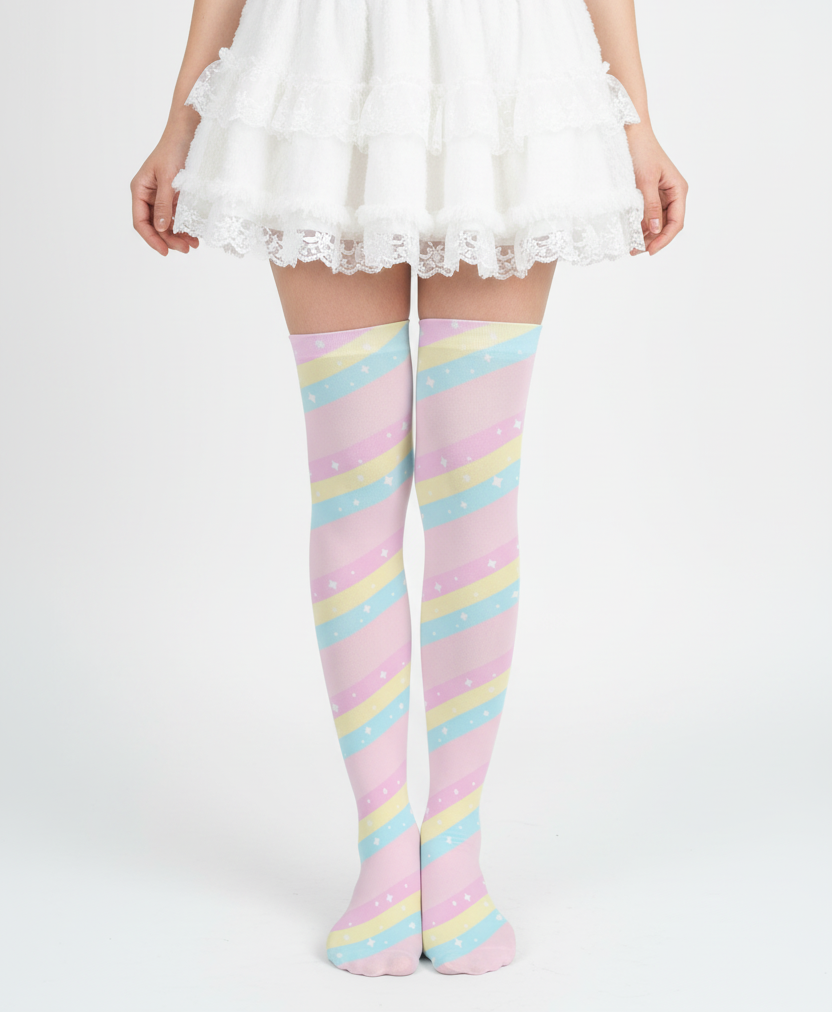 Fairy kei Yumekawaii Kawaii fashion pastel rainbow stripes harajuku fashion jfashion pop kei magical girl mahou shoujo over the knee stocking socks pink