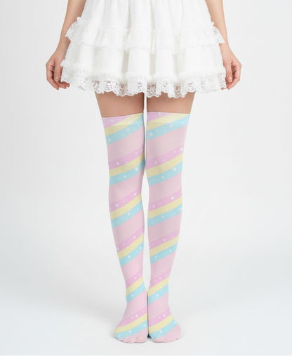 Fairy kei Yumekawaii Kawaii fashion pastel rainbow stripes harajuku fashion jfashion pop kei magical girl mahou shoujo over the knee stocking socks pink