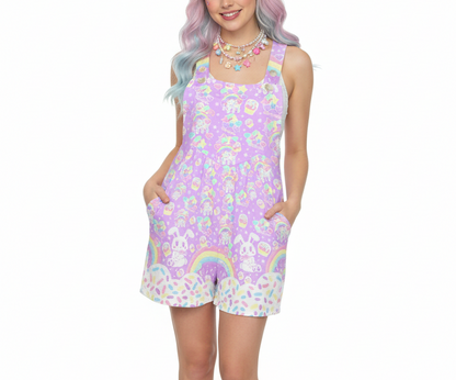 Rainbow Sweets Adjustable Strap Romper Overall Shorts With Pockets (Purple)