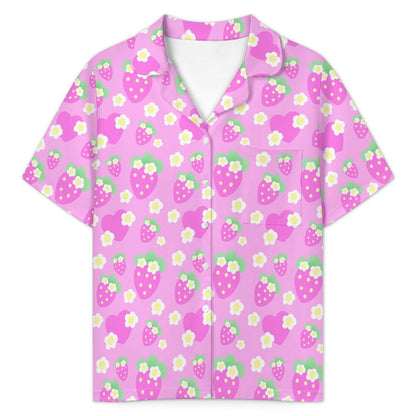 Strawberry Cutie Women's Top & Bottom Pajama Loungewear Set Short Sleeve Button Top Frilly Ruffled Shorts With Pockets (Fruity Berry Pink)