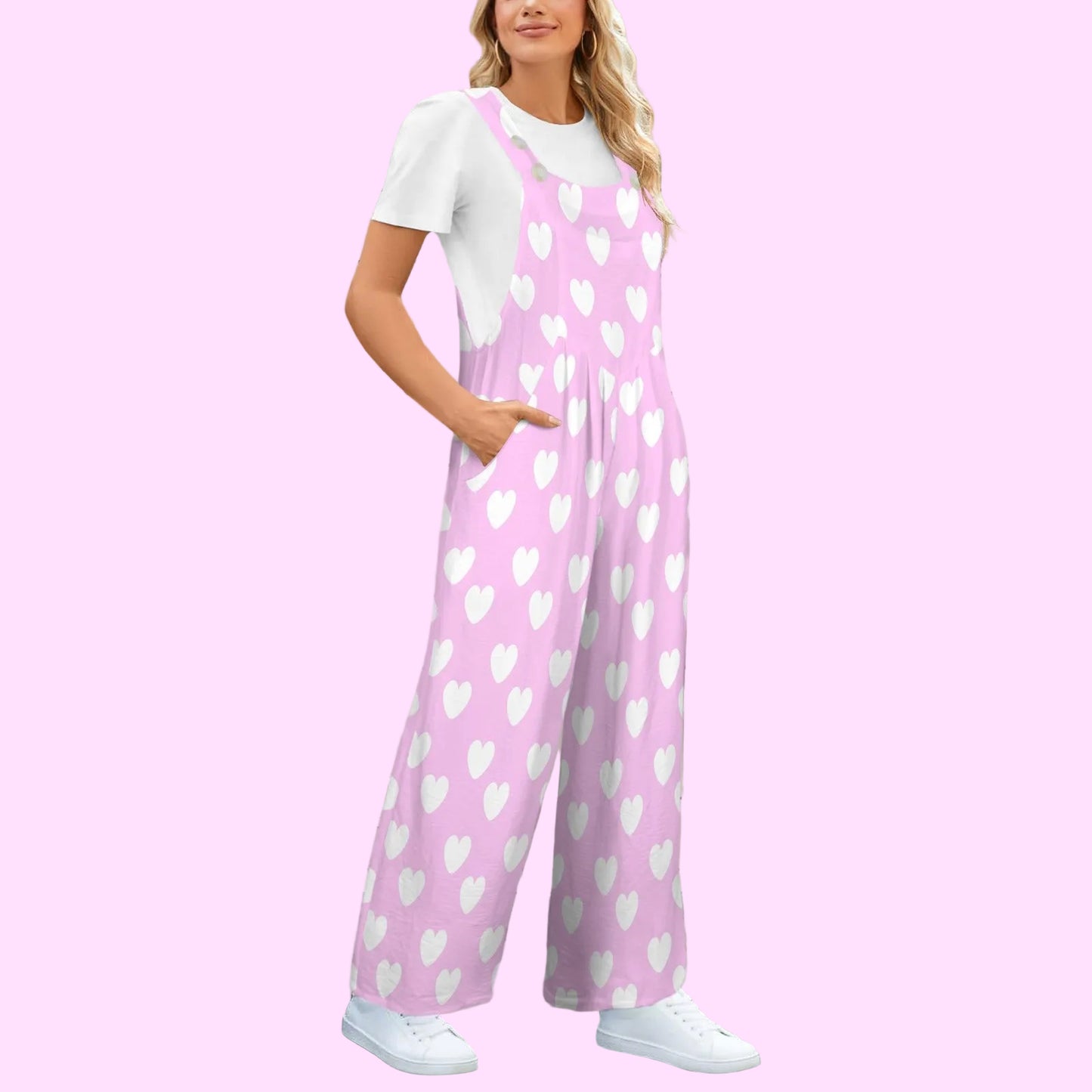 Sweet Love Hearts Adjustable Strap Wide Leg Jumpsuit Overalls With Pockets (White x Pink)