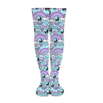 Rainbow Spooky Bats Over Knee Stocking Socks (Blue)