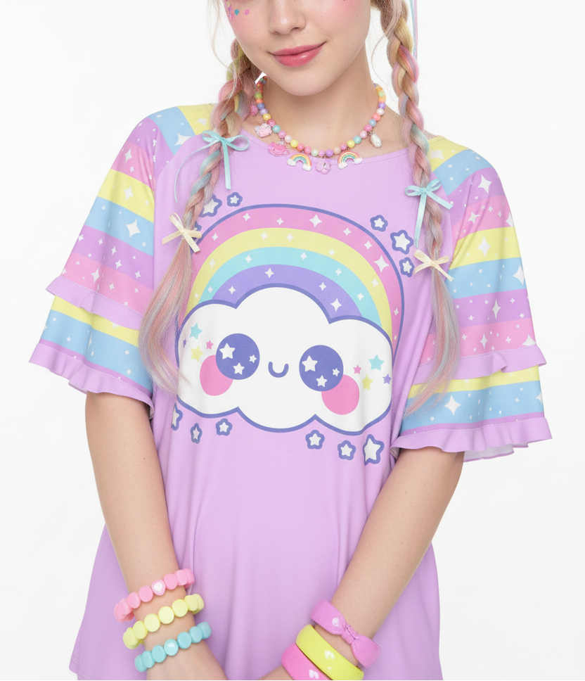 cutie Kawaii fashion Harajuku fashion Jfashion fairy kei yume kawaii Happy Rainbow Cloud Purple Round Neck Raglan Sleeve Ruffle Frill T-Shirt jojifuku cutecore
