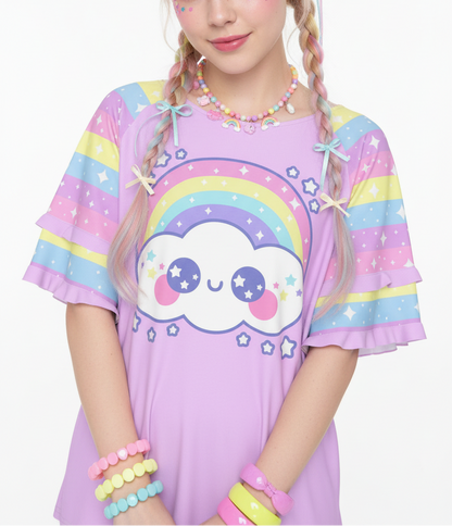 cutie Kawaii fashion Harajuku fashion Jfashion fairy kei yume kawaii Happy Rainbow Cloud Purple Round Neck Raglan Sleeve Ruffle Frill T-Shirt jojifuku cutecore