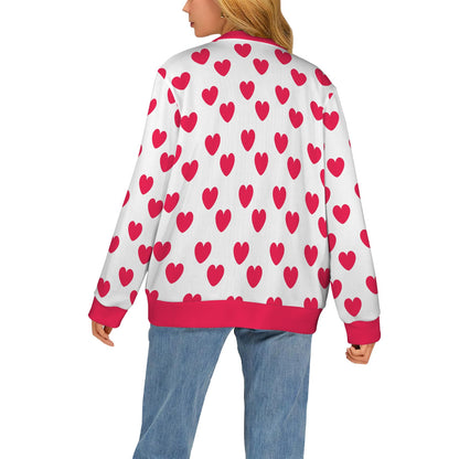 Sweet Love Hearts Ribbed Button Up Cardigan (Red x White)