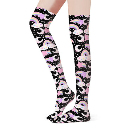 Dreamy Rainbow Over Knee Stocking Socks (Black)