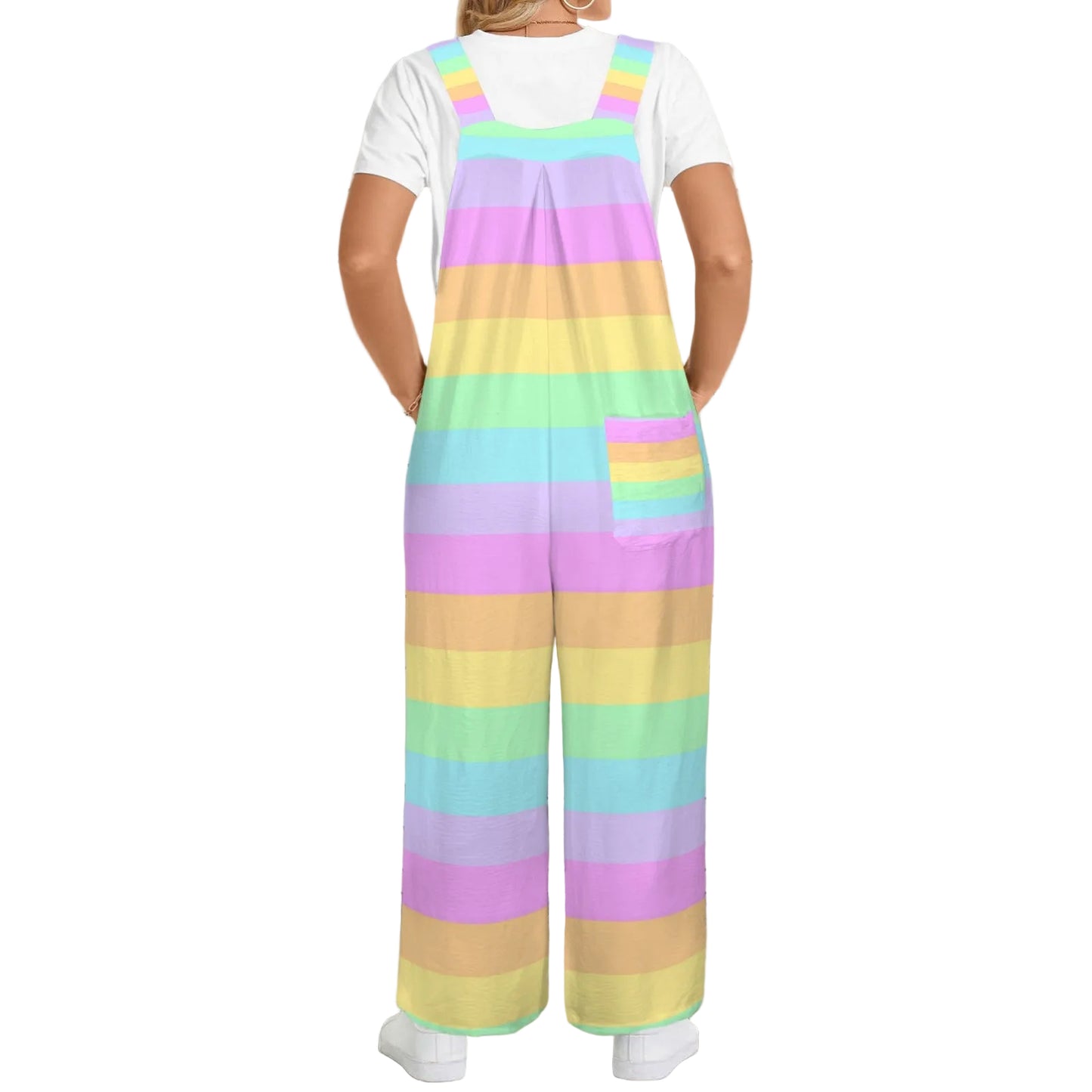 Fruity Rainbow Adjustable Strap Wide Leg Jumpsuit Overalls With Pockets (Color Block)